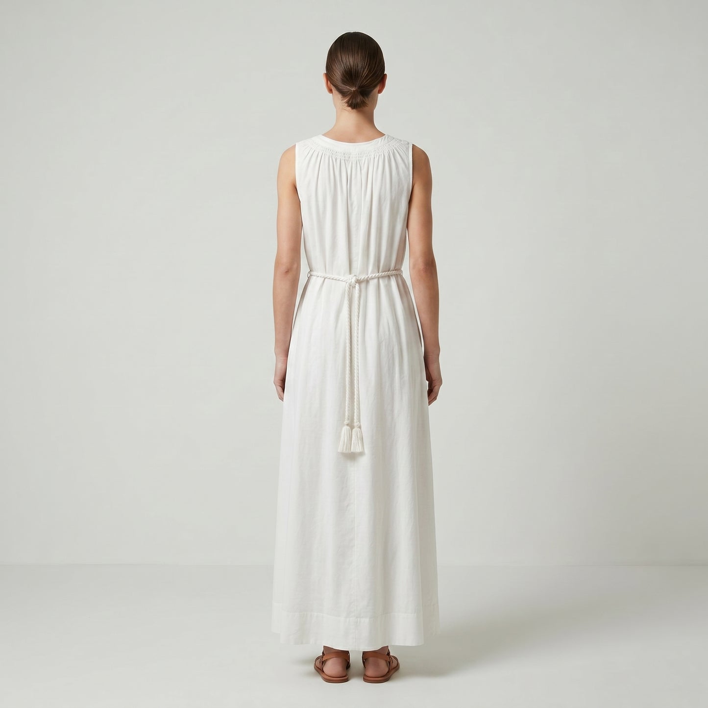 Sleeveless Gathered Linen Midi Dress