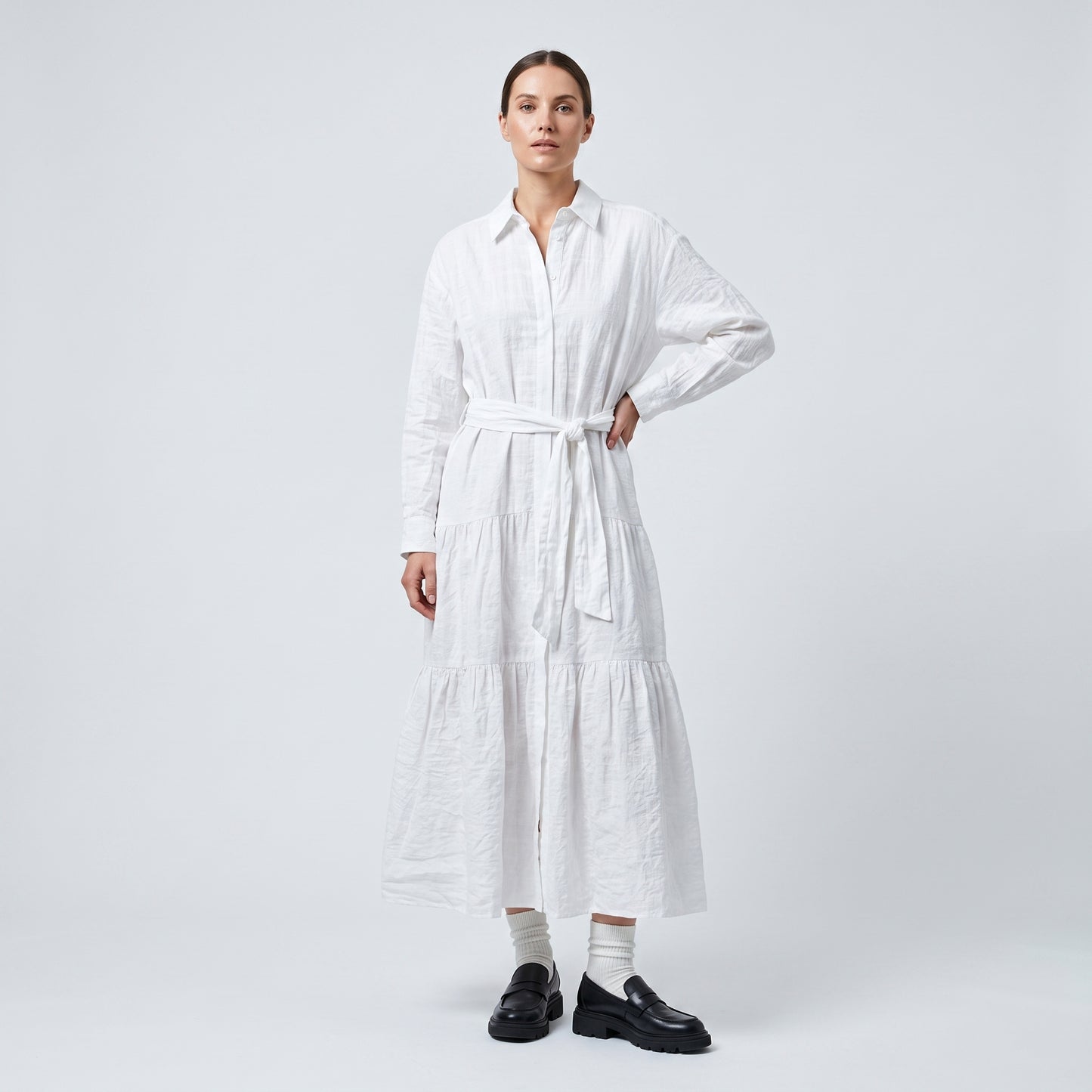 Classic White Tiered Shirt Dress