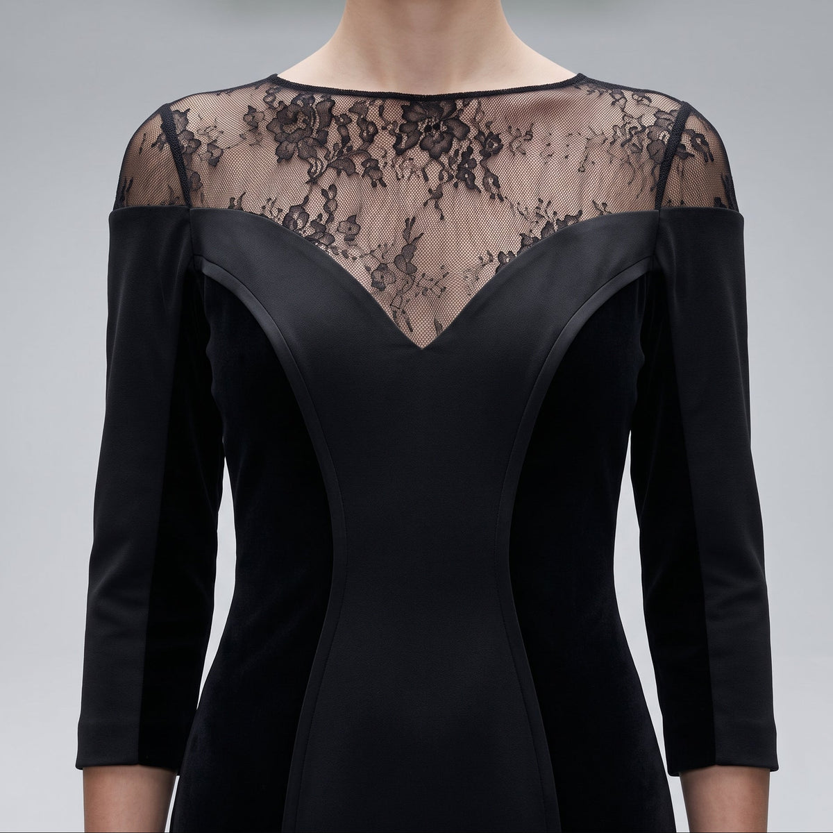 Lace Paneled Velvet Evening Gown