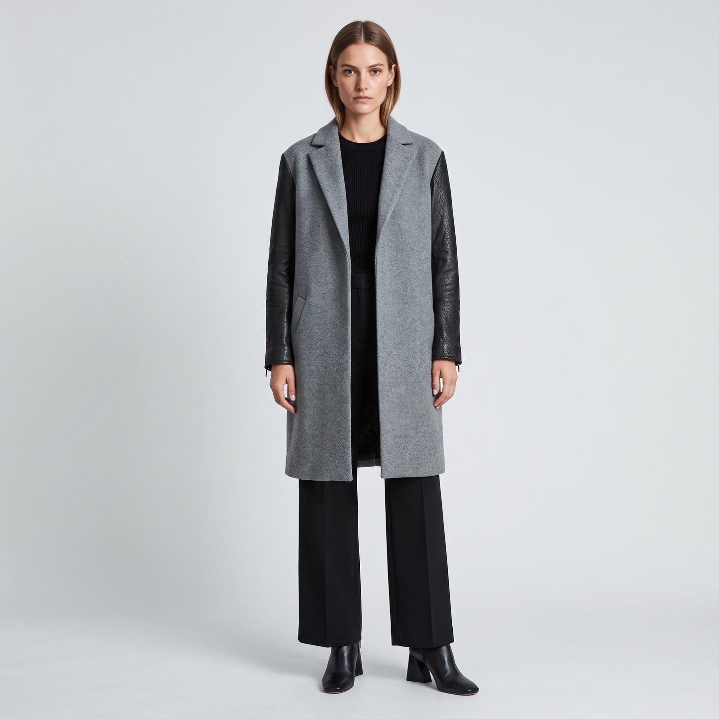 Wool Blend Leather Sleeve Coat