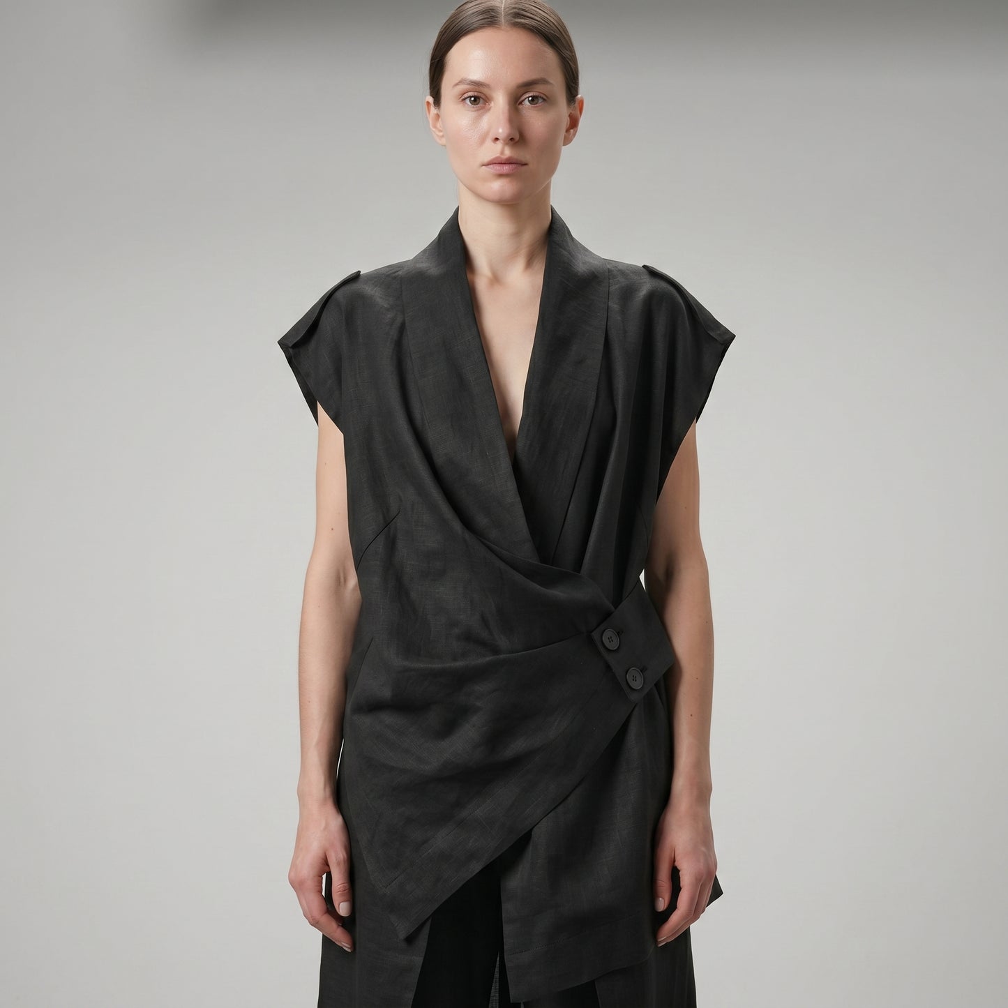 Tailored Asymmetric Linen Wrap Vest