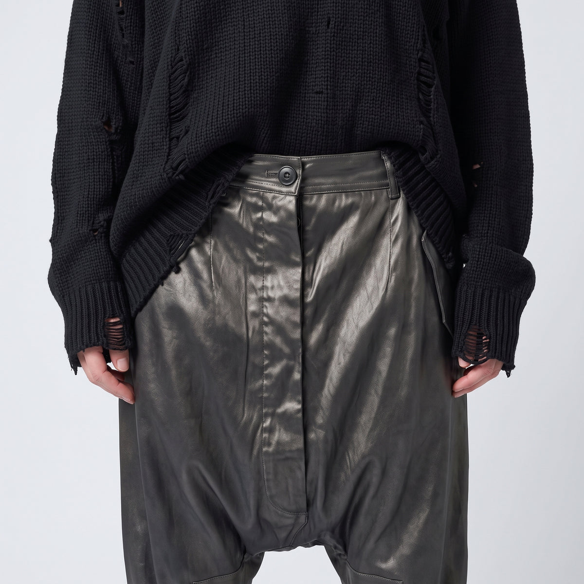 Structured Coated Dropped-Crotch Trousers