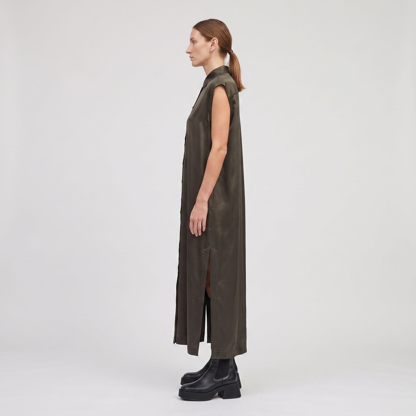 Sleeveless Satin Shirt Dress