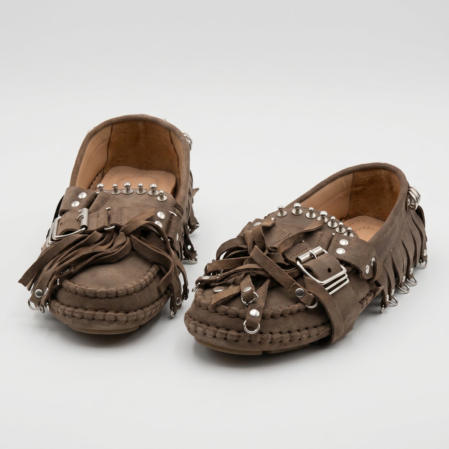 Studded Fringed Suede Loafers