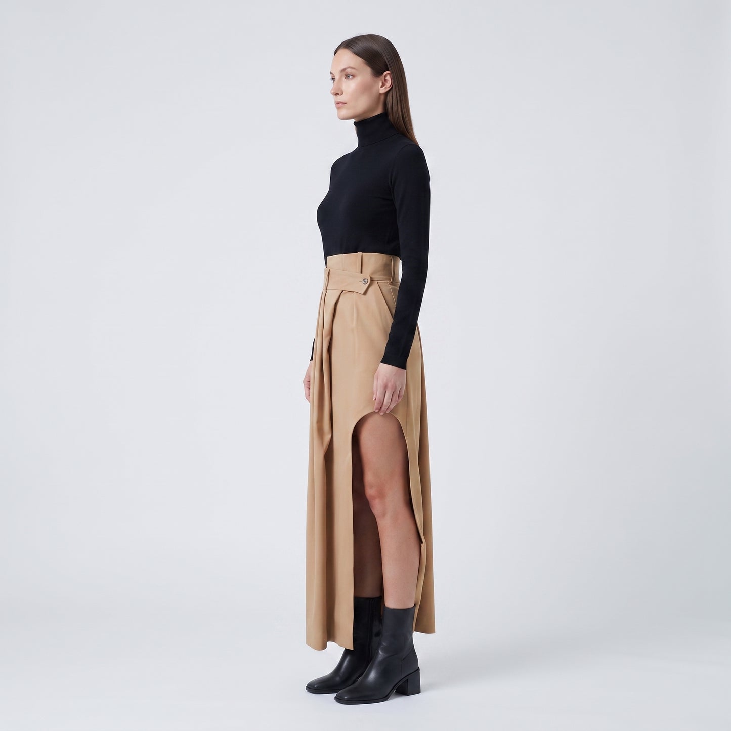 Asymmetric Tailored Beige Midi Skirt