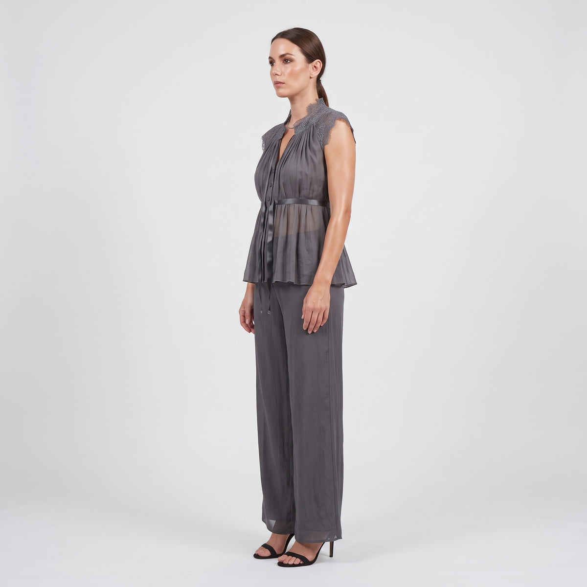 Pleated Lace Trim Silk Blouse
