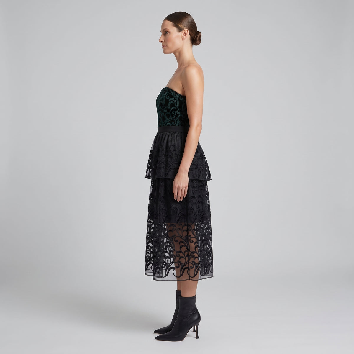Embroidered Tiered Strapless Midi Dress