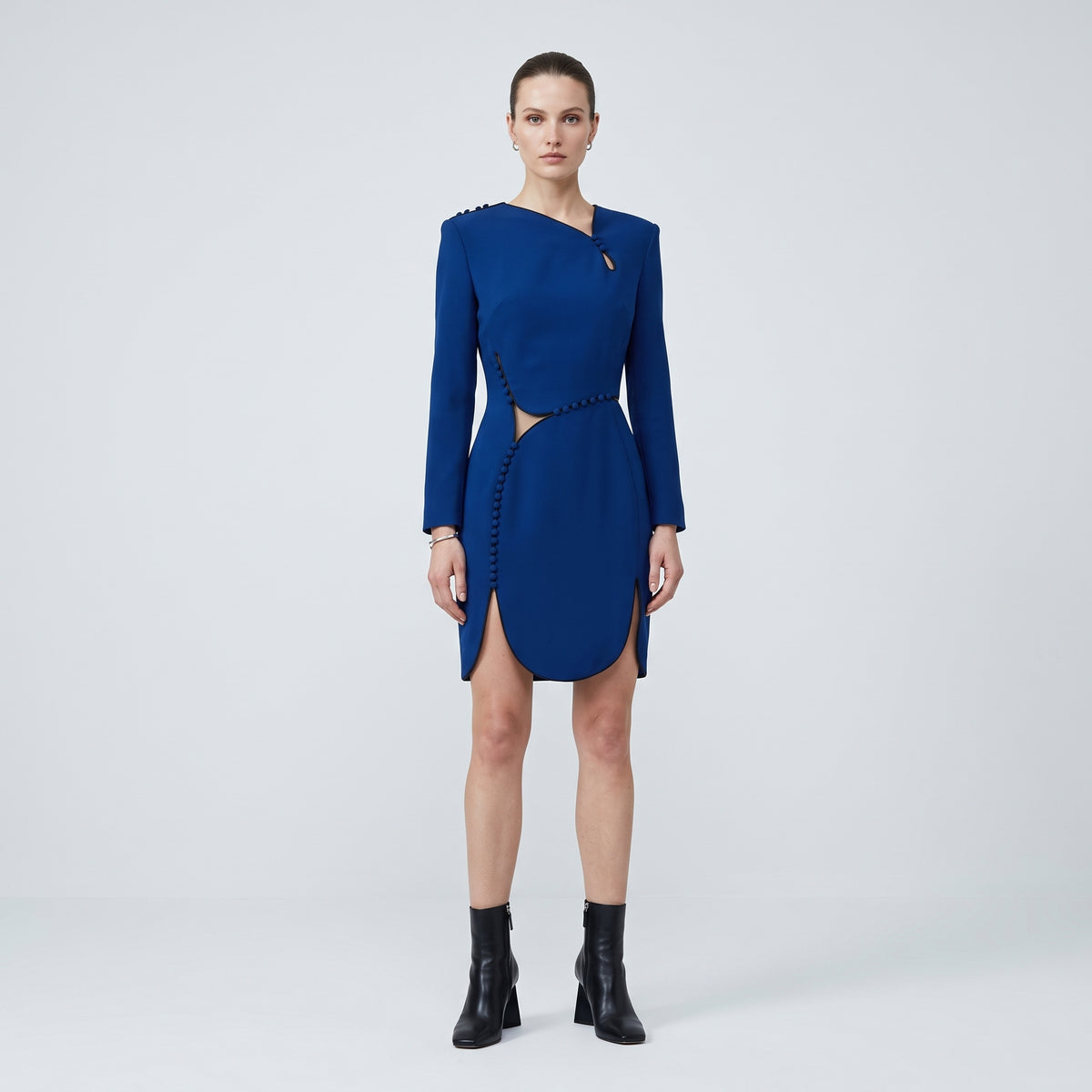 Architectural Cutout Buttoned Mini Dress