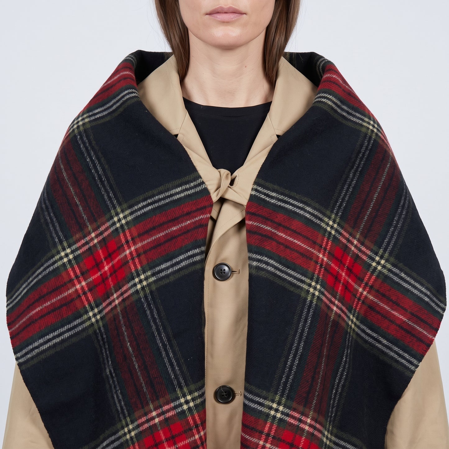 Tartan Paneled Beige Trench Coat