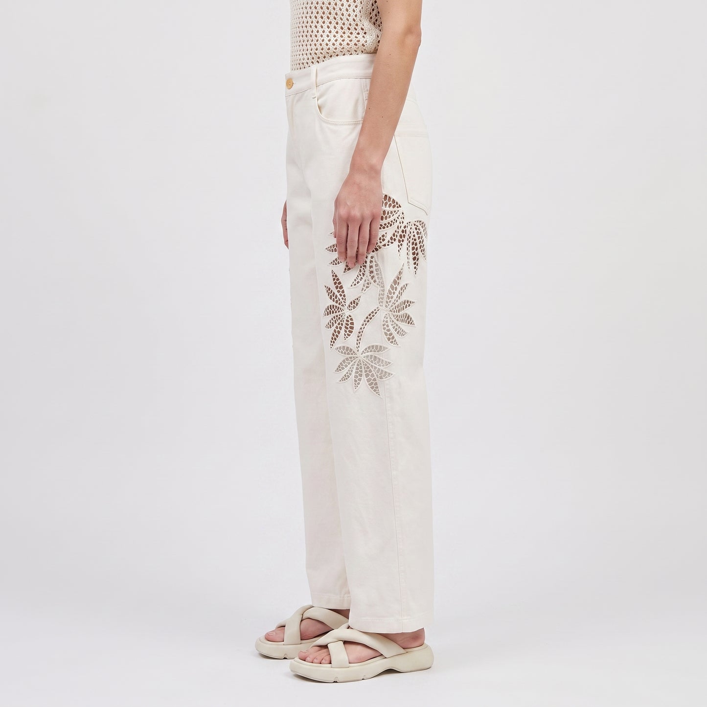Floral Cutout White Denim Trousers