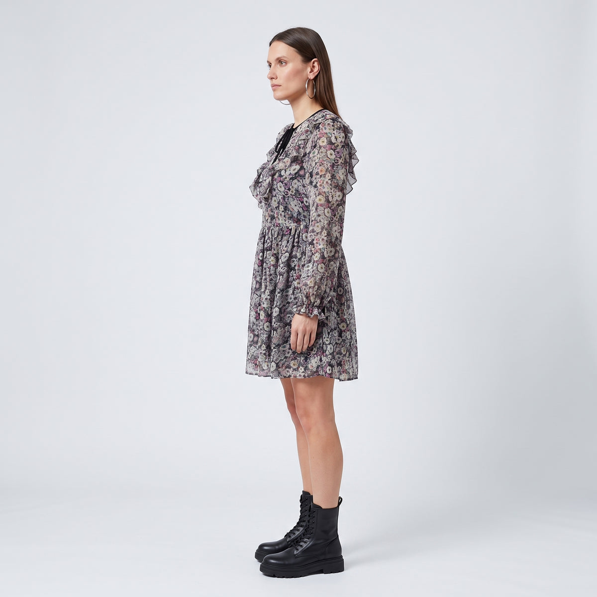 Floral Ruffle Chiffon Mini Dress