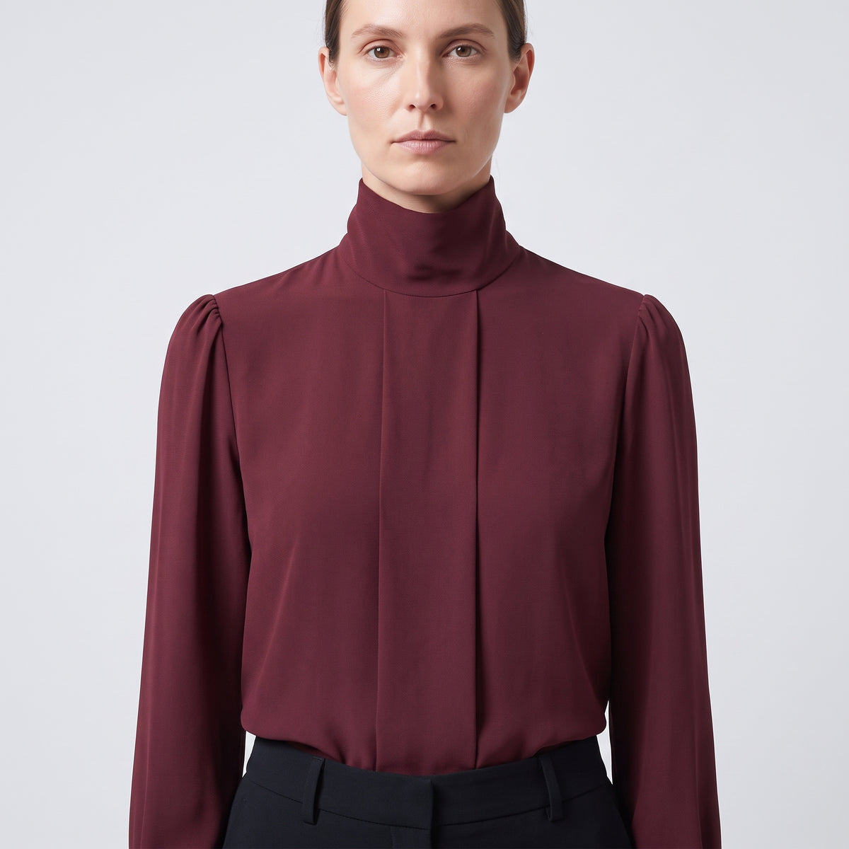 Burgundy High-Neck Pleated Blouse