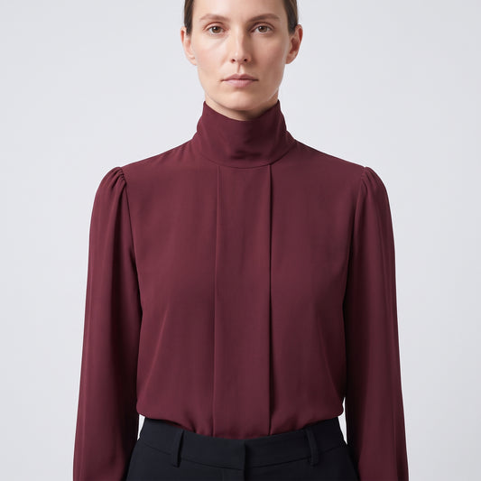 Burgundy High-Neck Pleated Blouse