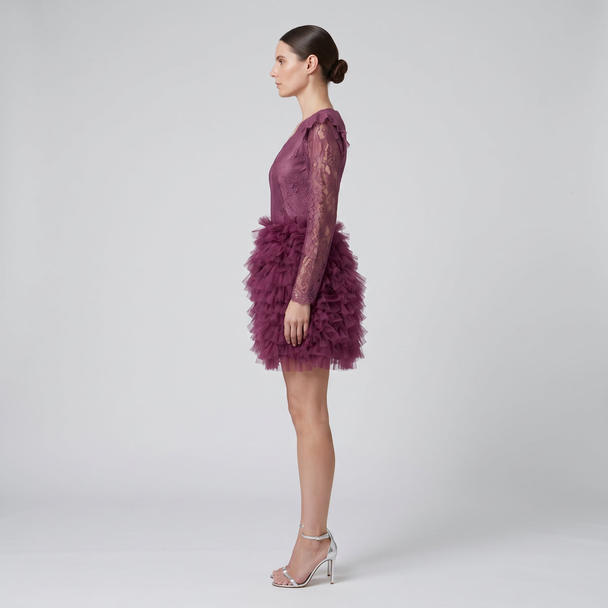 Burgundy Lace Ruffle Mini Dress