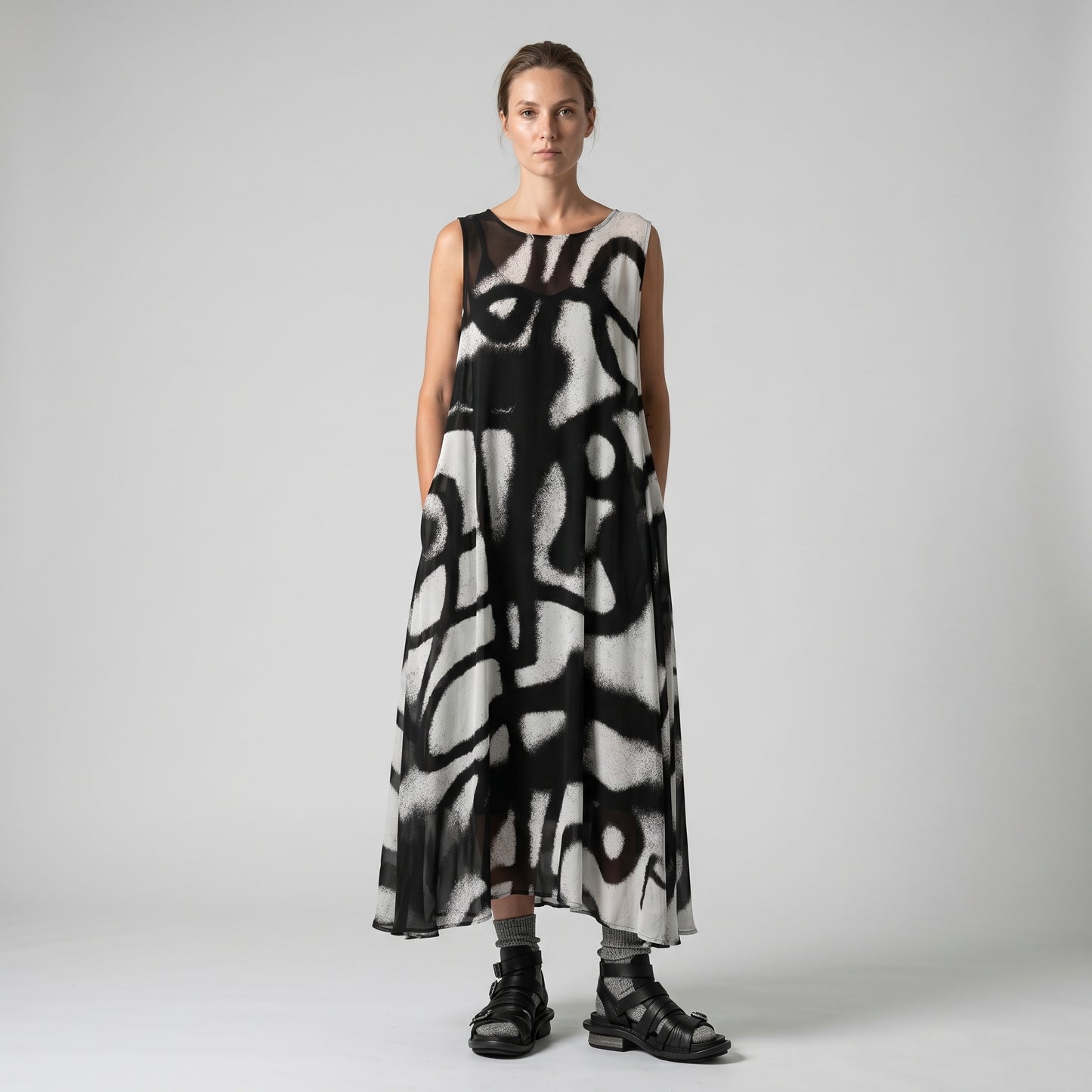 Monochrome Abstract Sleeveless Dress