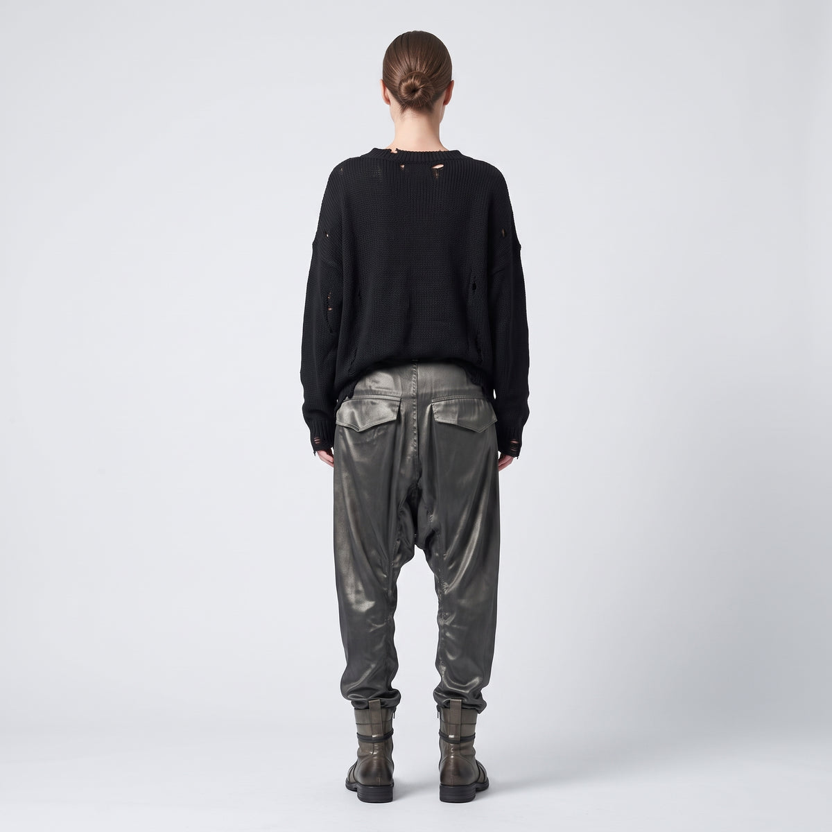 Structured Coated Dropped-Crotch Trousers