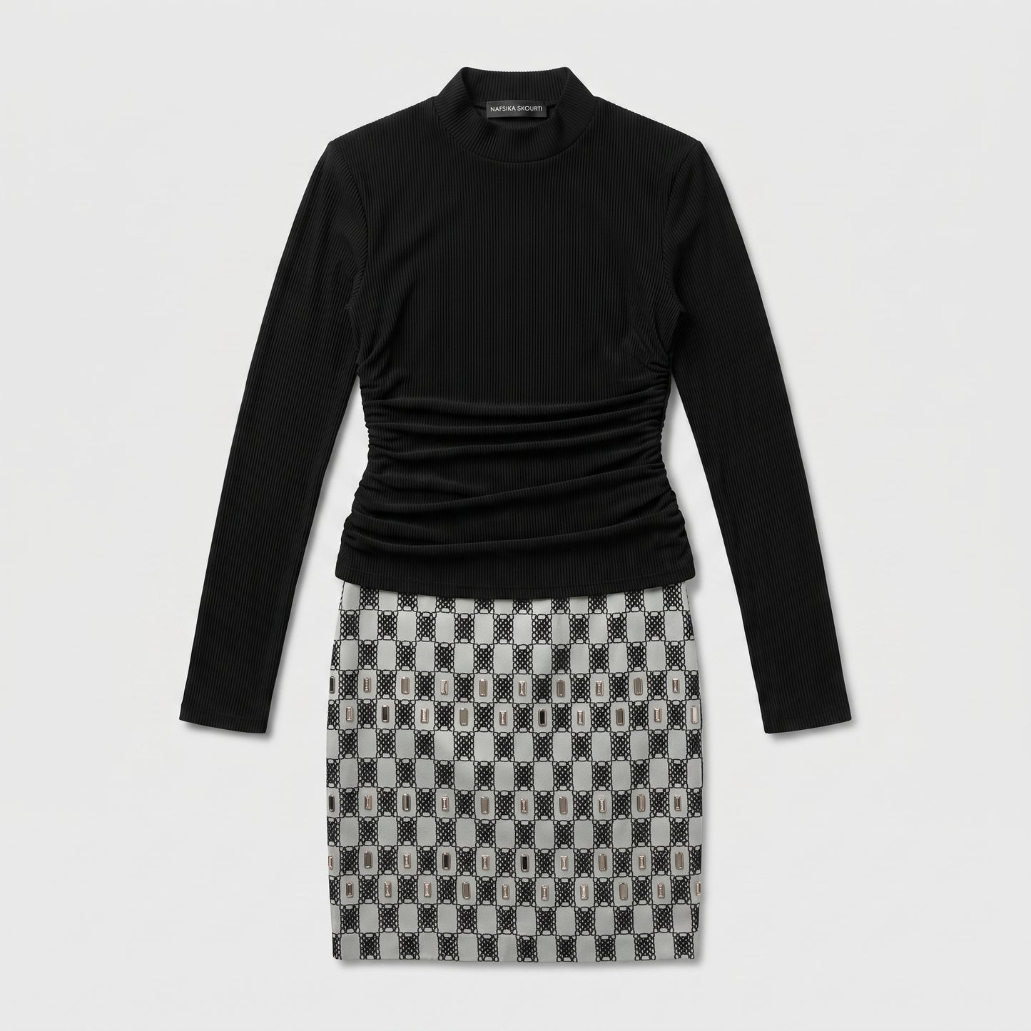 Ruched Mock Neck Mini Dress