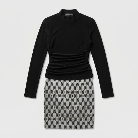 Ruched Mock Neck Mini Dress