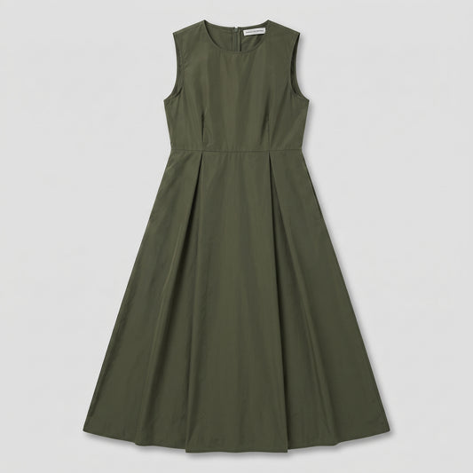 Pleated Olive Midi Dress