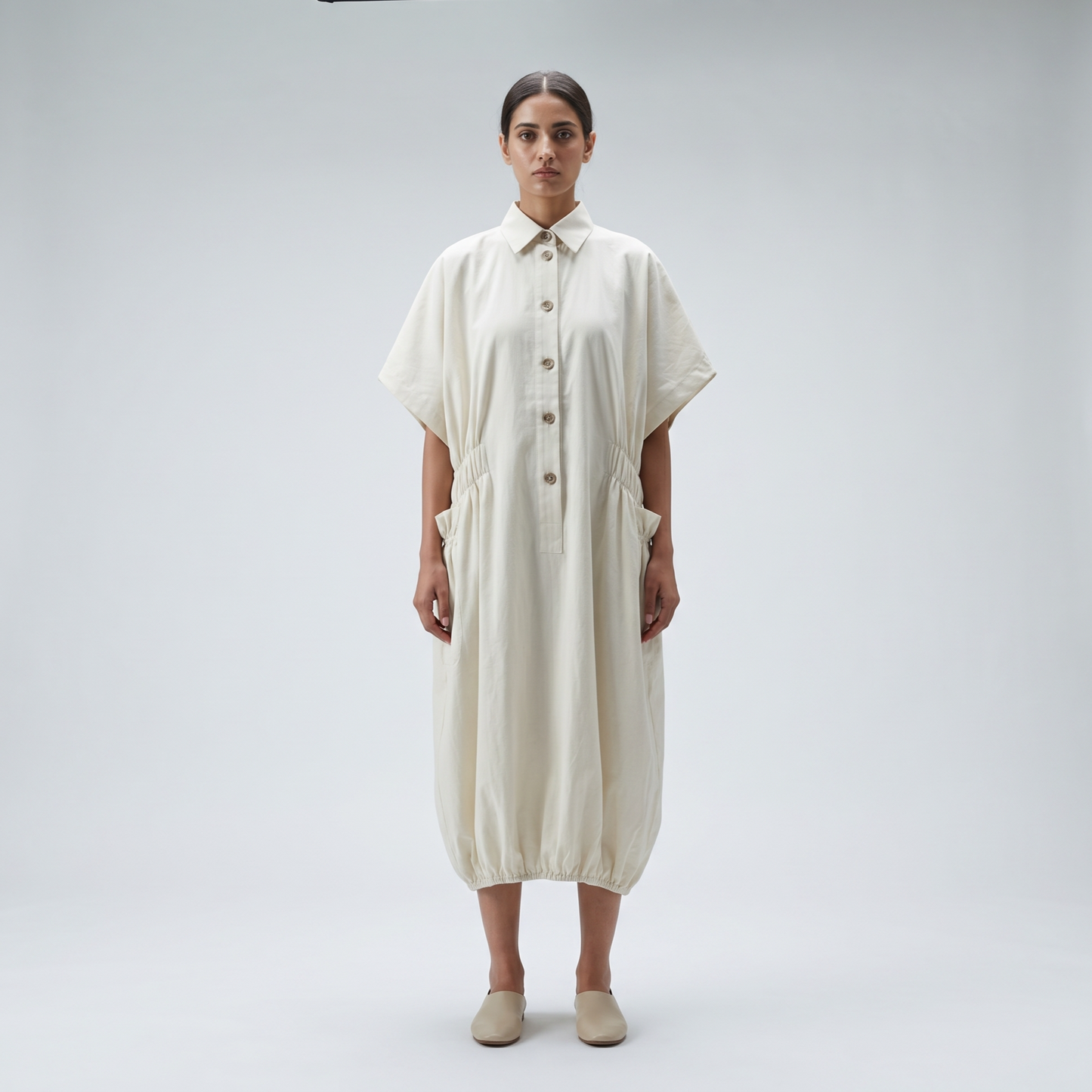 Minimalist Ruched Cotton Shirt Dress