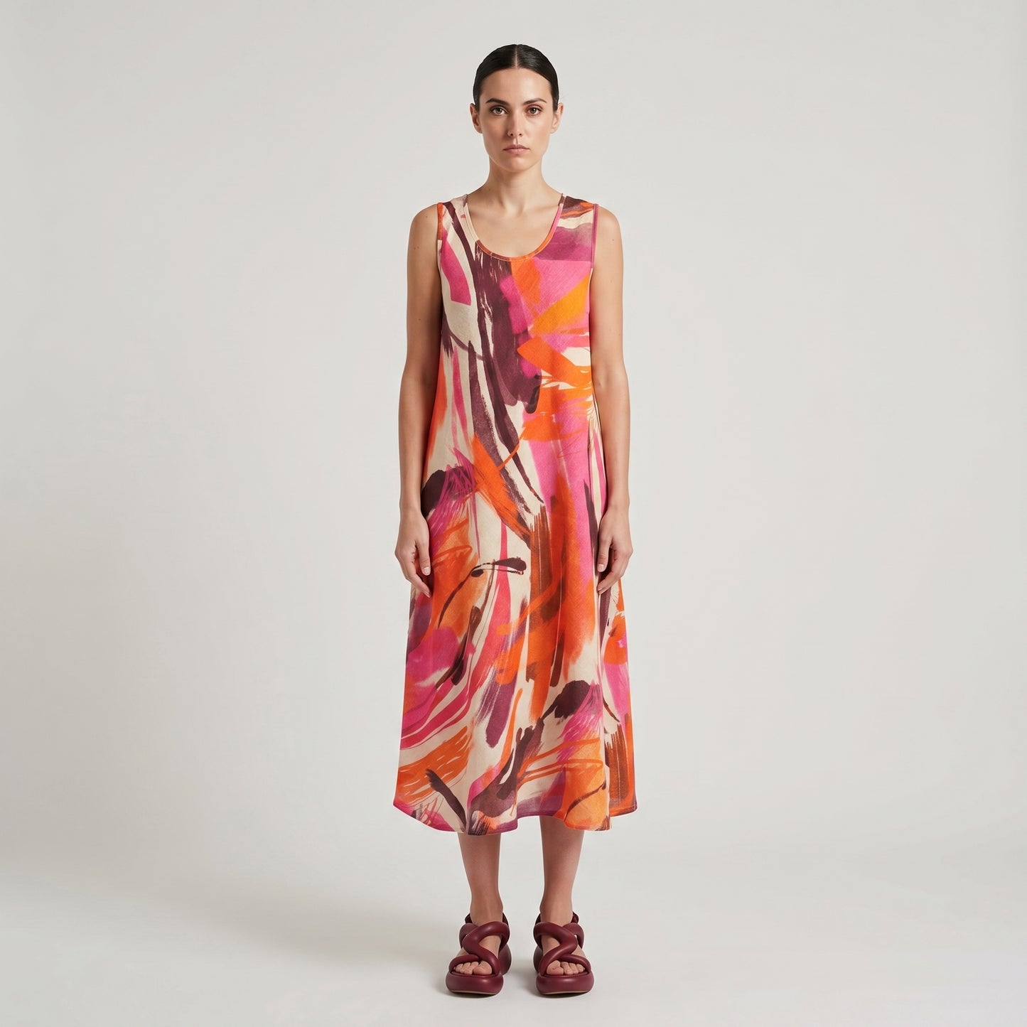 Abstract Print Sleeveless Linen Dress