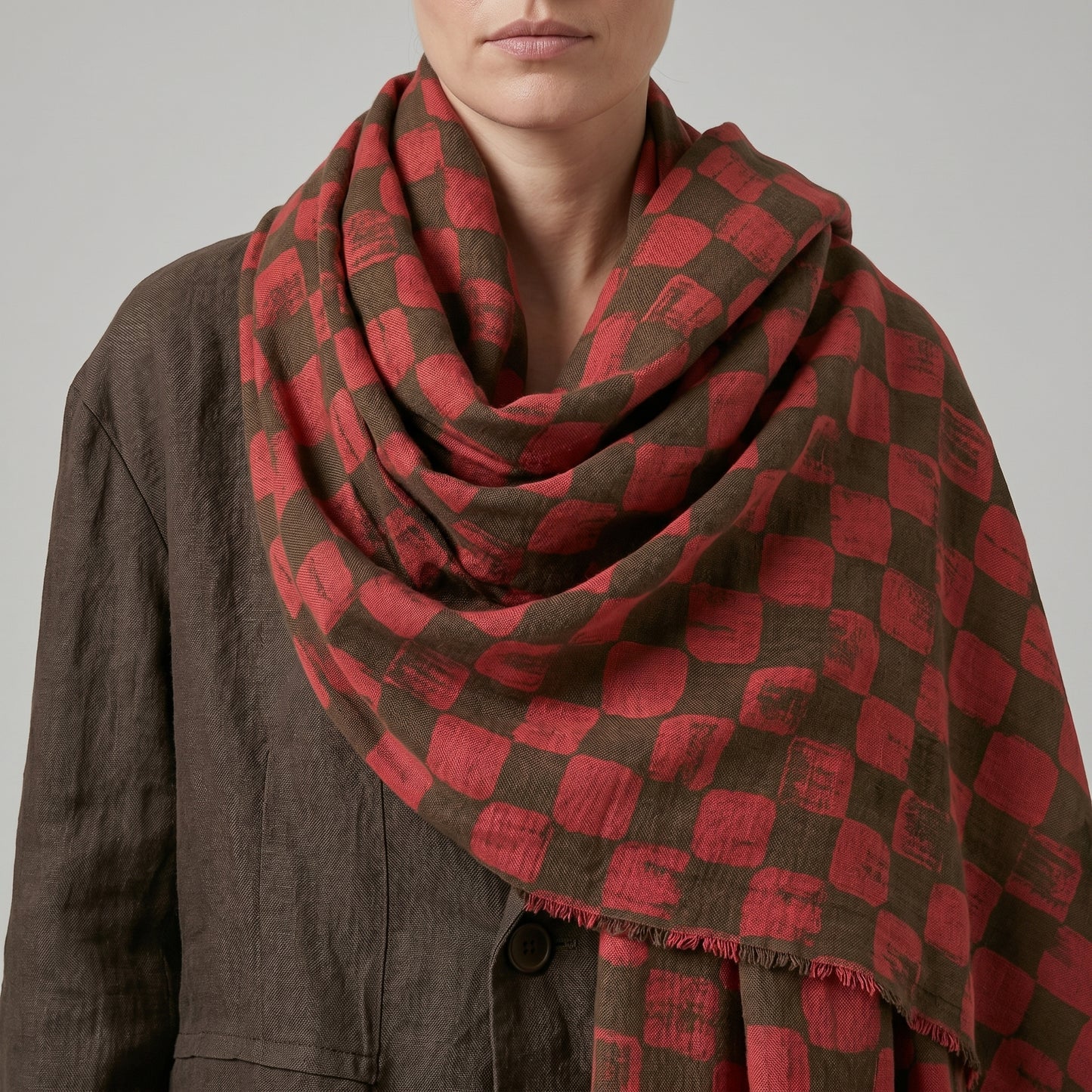 Checkered Fringed Blanket Shawl