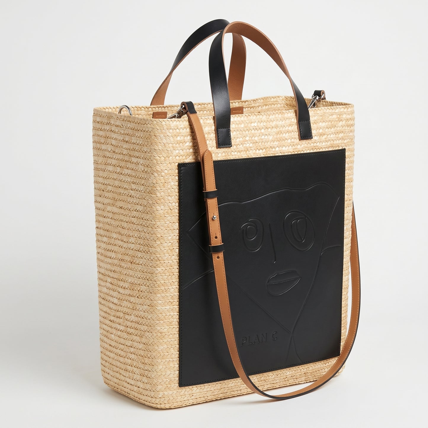Graphic Leather Straw Tote Bag