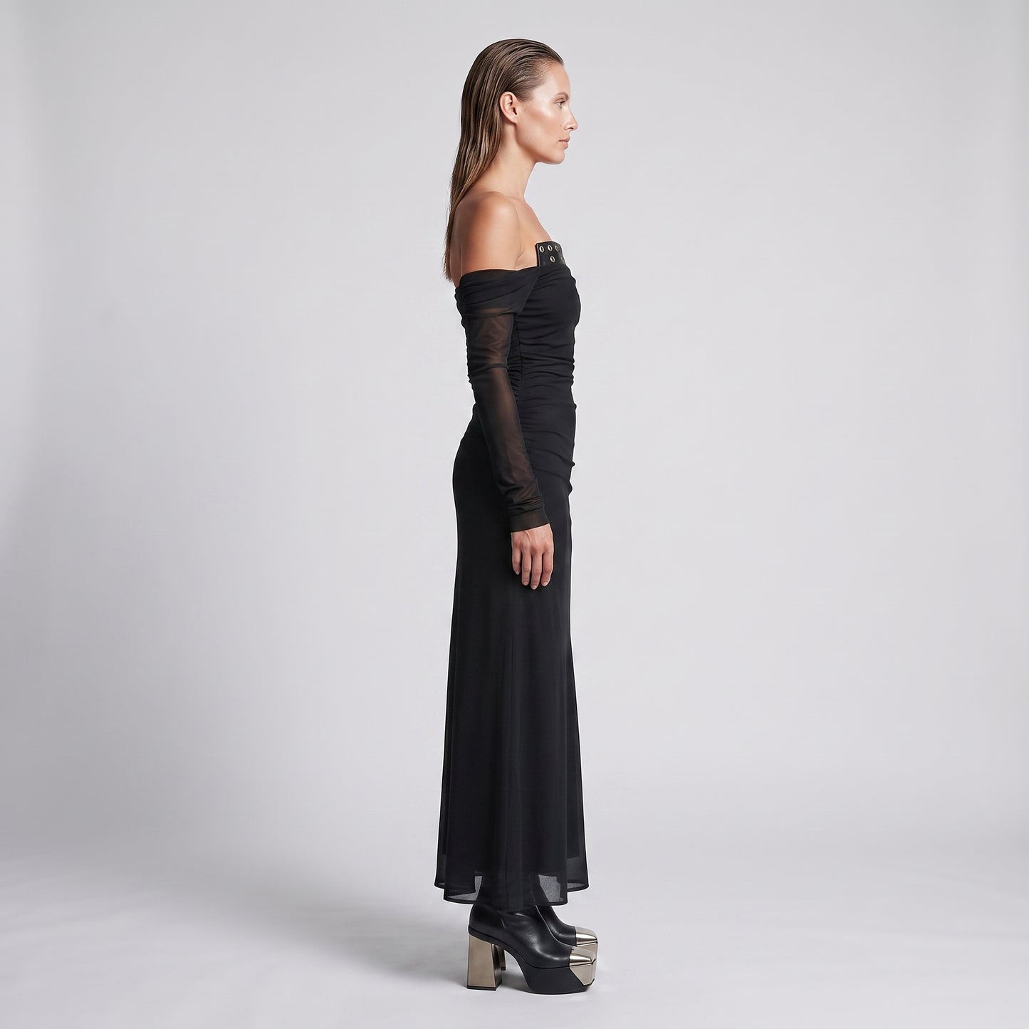Ruched Off-Shoulder Grommet Dress
