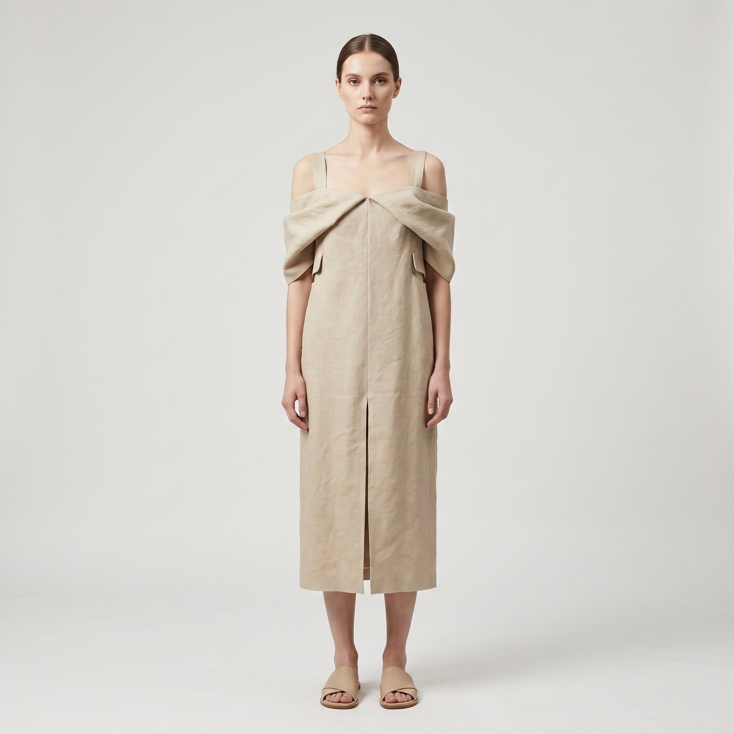 Off-Shoulder Tailored Linen Dress