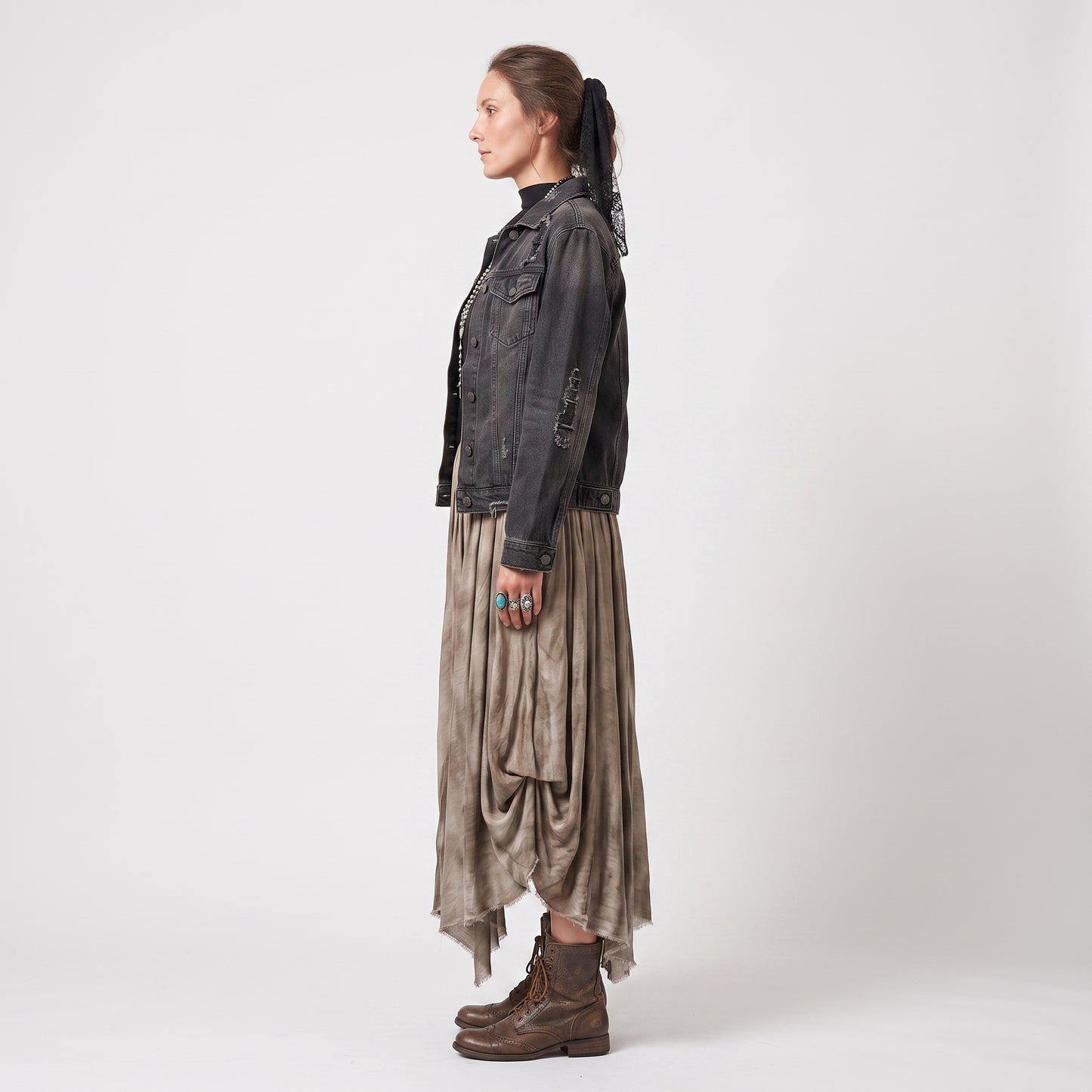 Distressed Pleated Midi Skirt