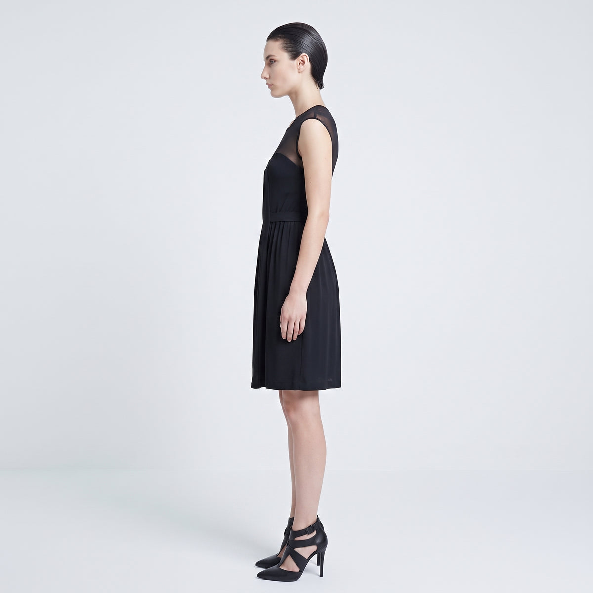 Sheer Yoke Pleated Mini Dress