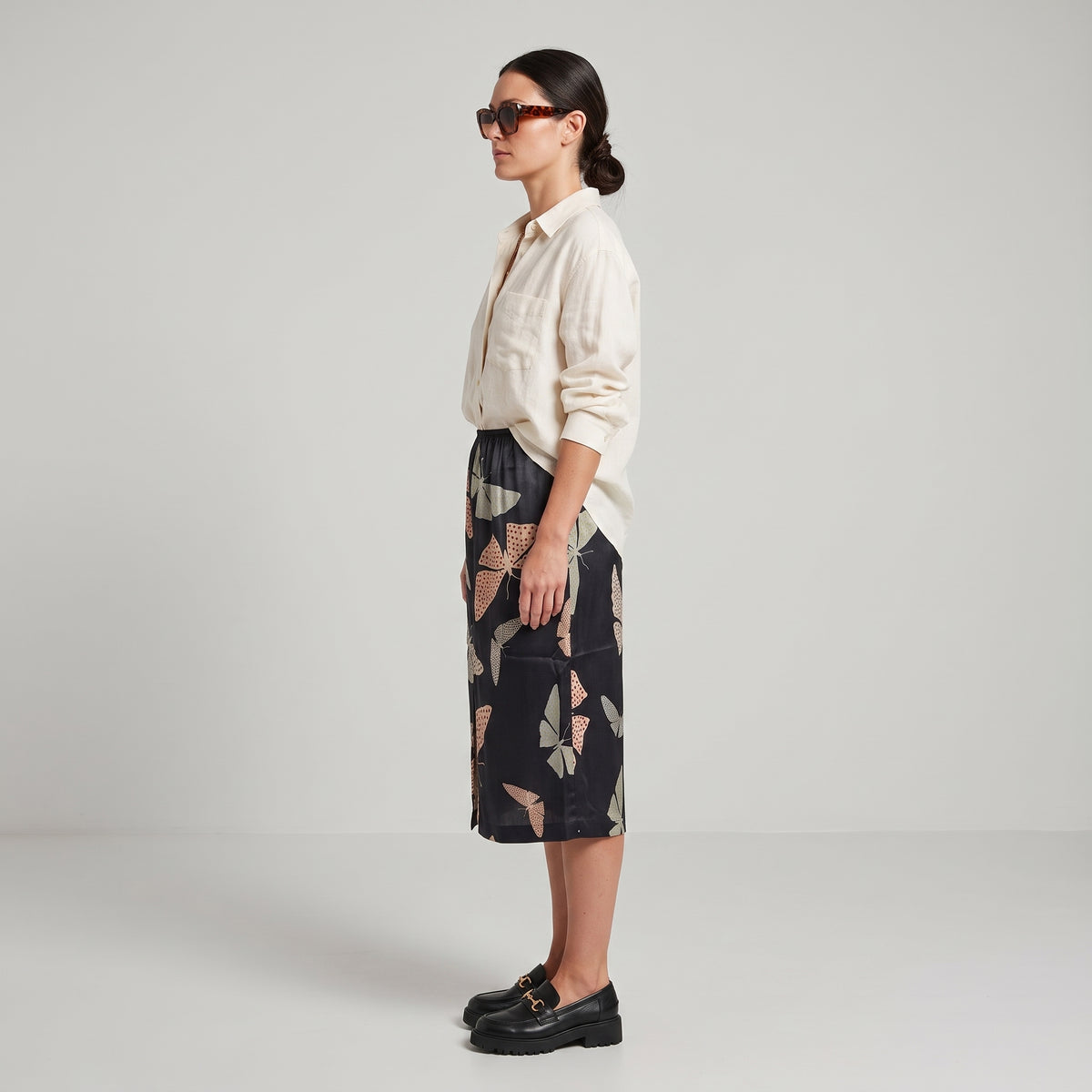 Butterfly Print Silk Midi Skirt
