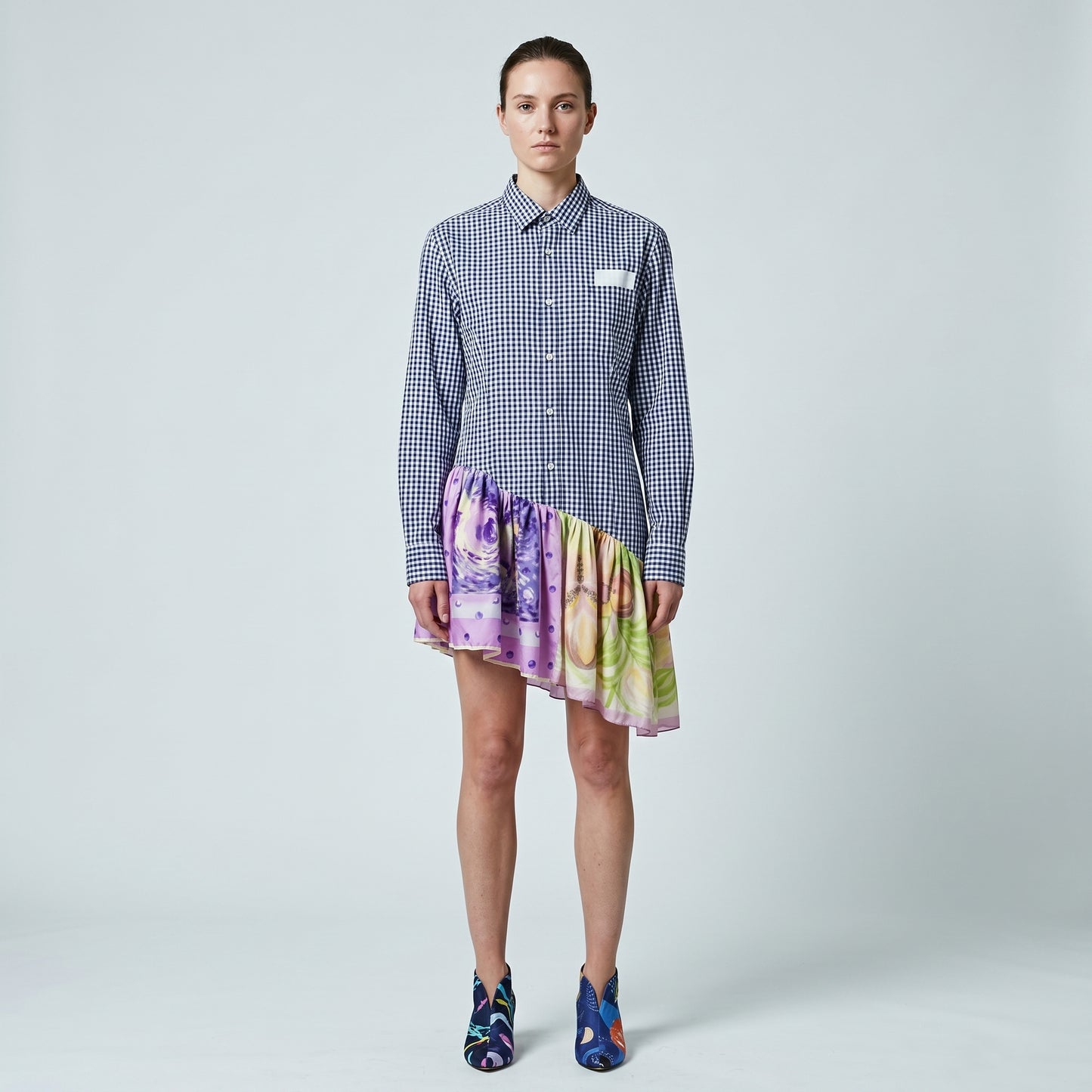 Gingham Floral Asymmetric Hem Shirt