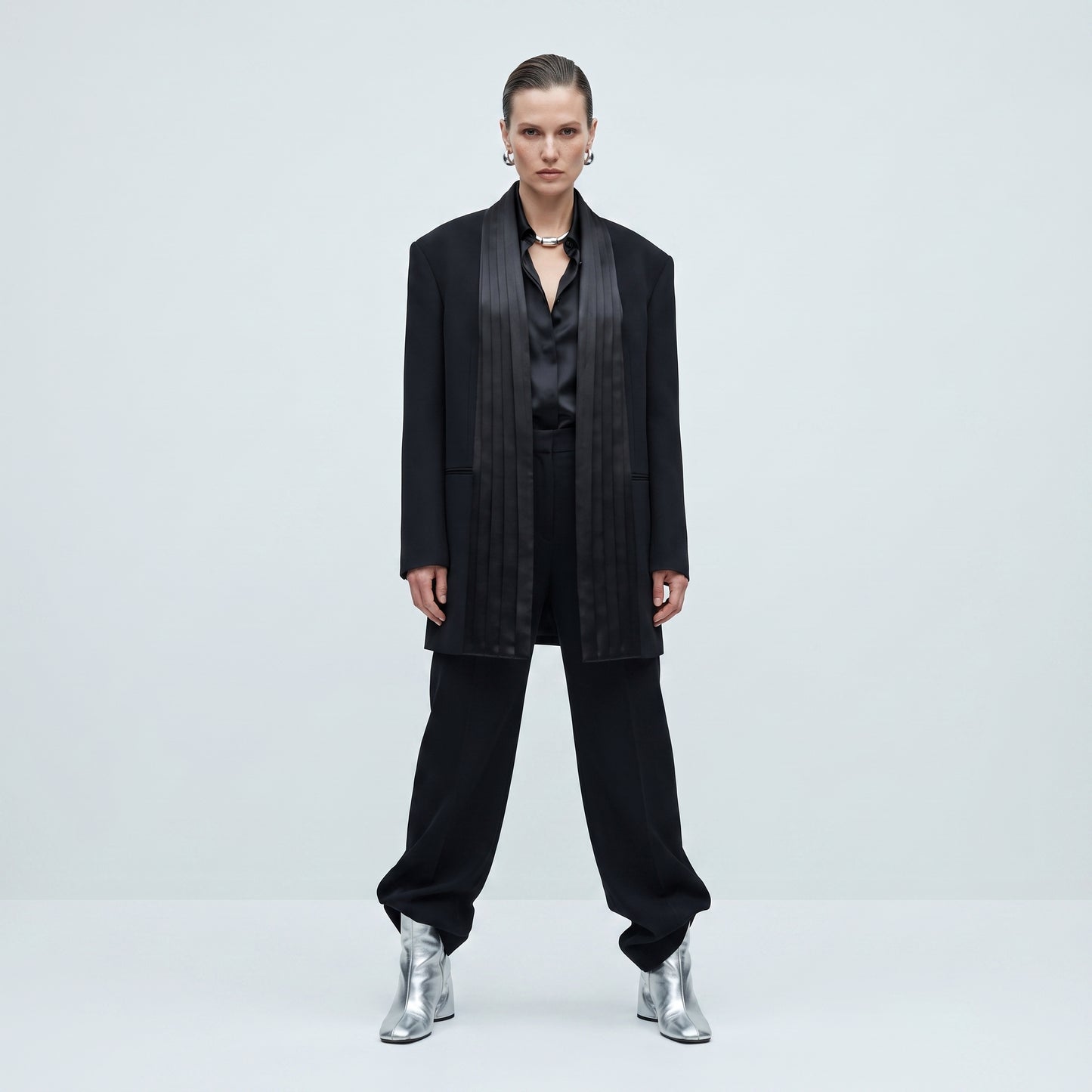 Satin Pleated Lapel Blazer