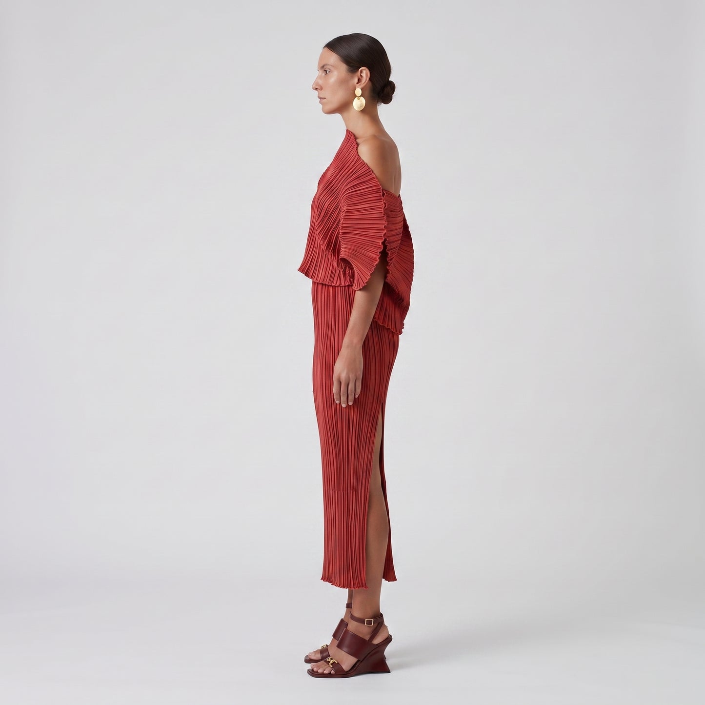 Pleated One-Shoulder Midi Dress