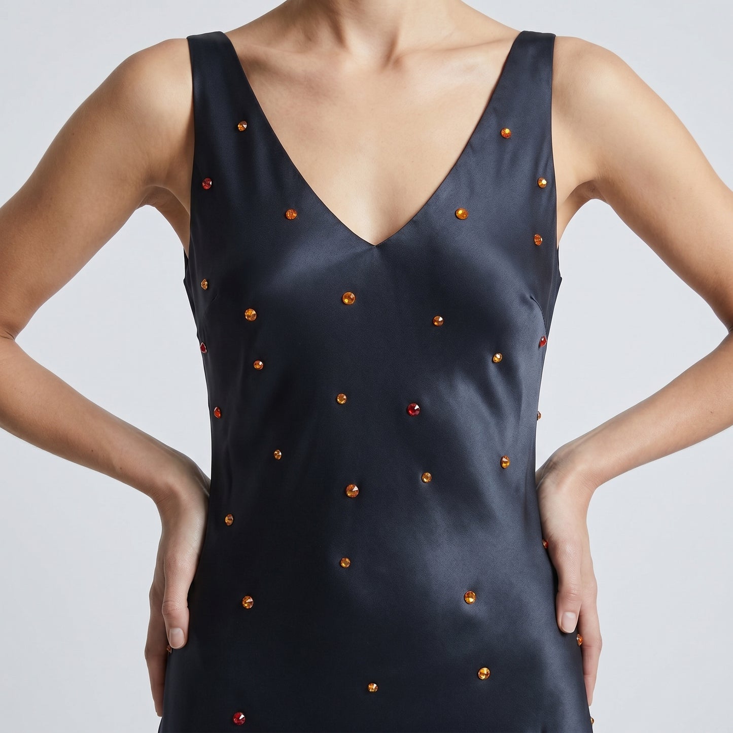 Embellished Black Satin Maxi Dress