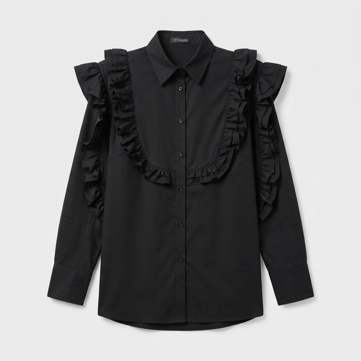 Black Ruffled Statement Cotton Shirt