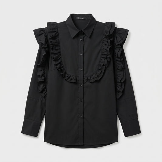 Black Ruffled Statement Cotton Shirt