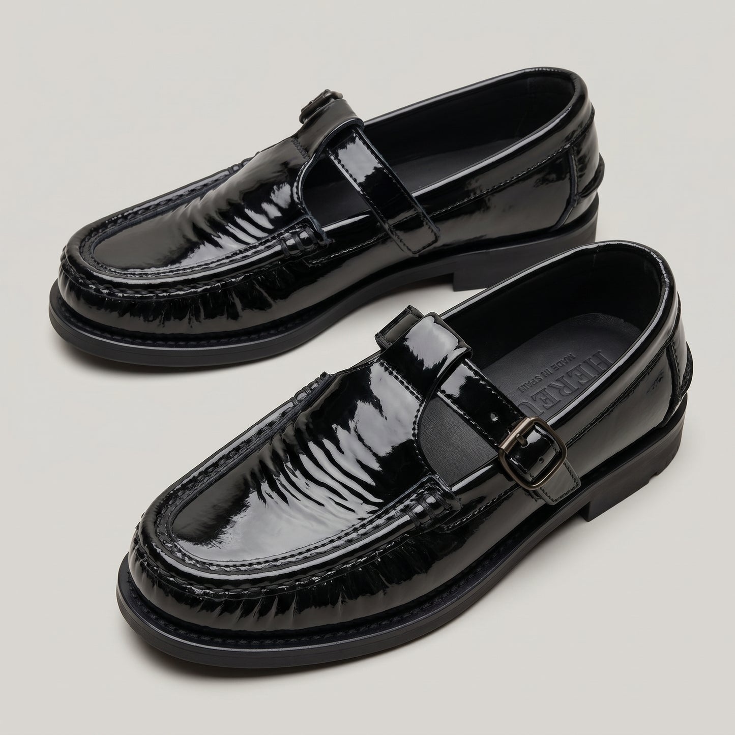 Crinkled Patent Leather T-Strap Shoes
