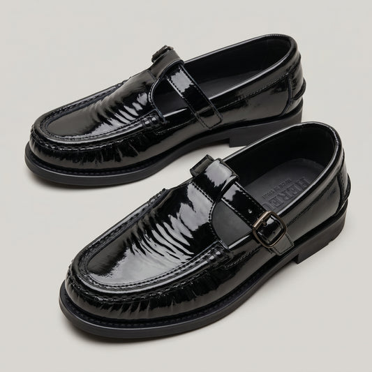 Crinkled Patent Leather T-Strap Shoes