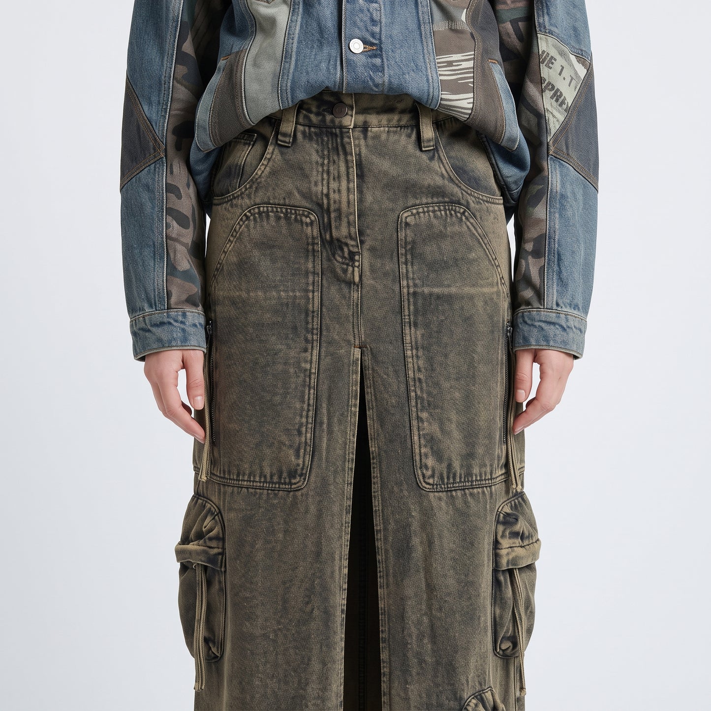 Acid Wash Denim Cargo Skirt