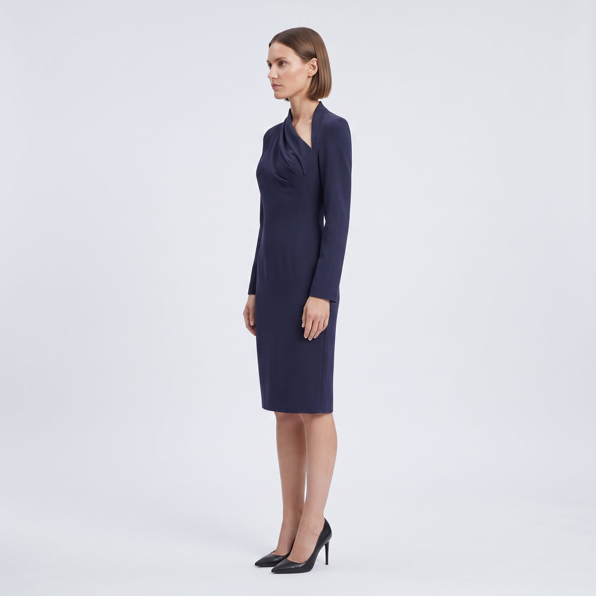 Navy Asymmetric Pleated Sheath Dress
