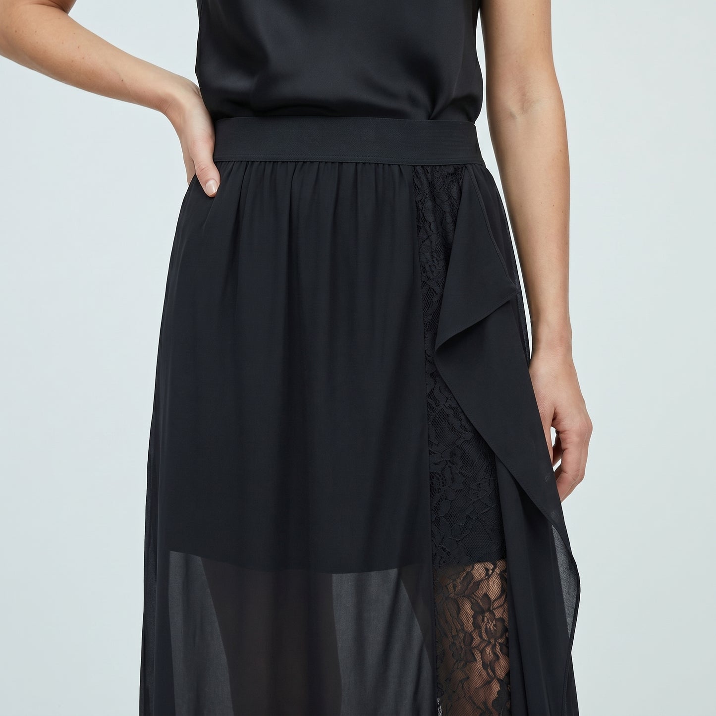 Lace-Paneled Draped Midi Skirt