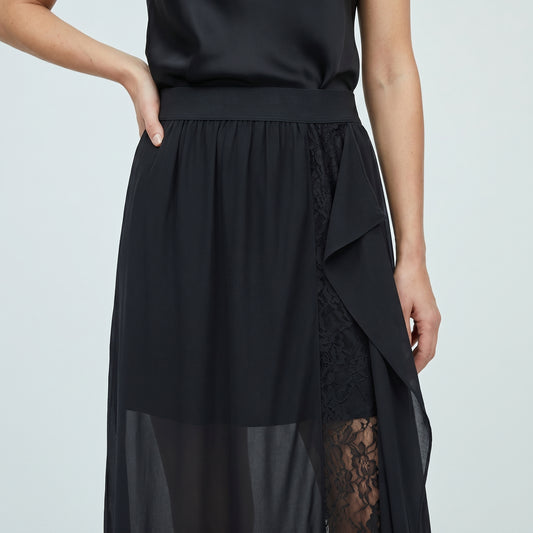 Lace-Paneled Draped Midi Skirt