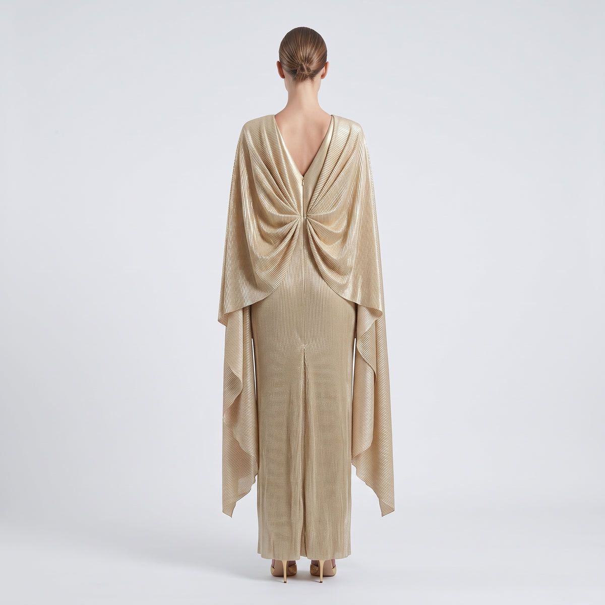 Metallic Pleated Cape Midi Dress