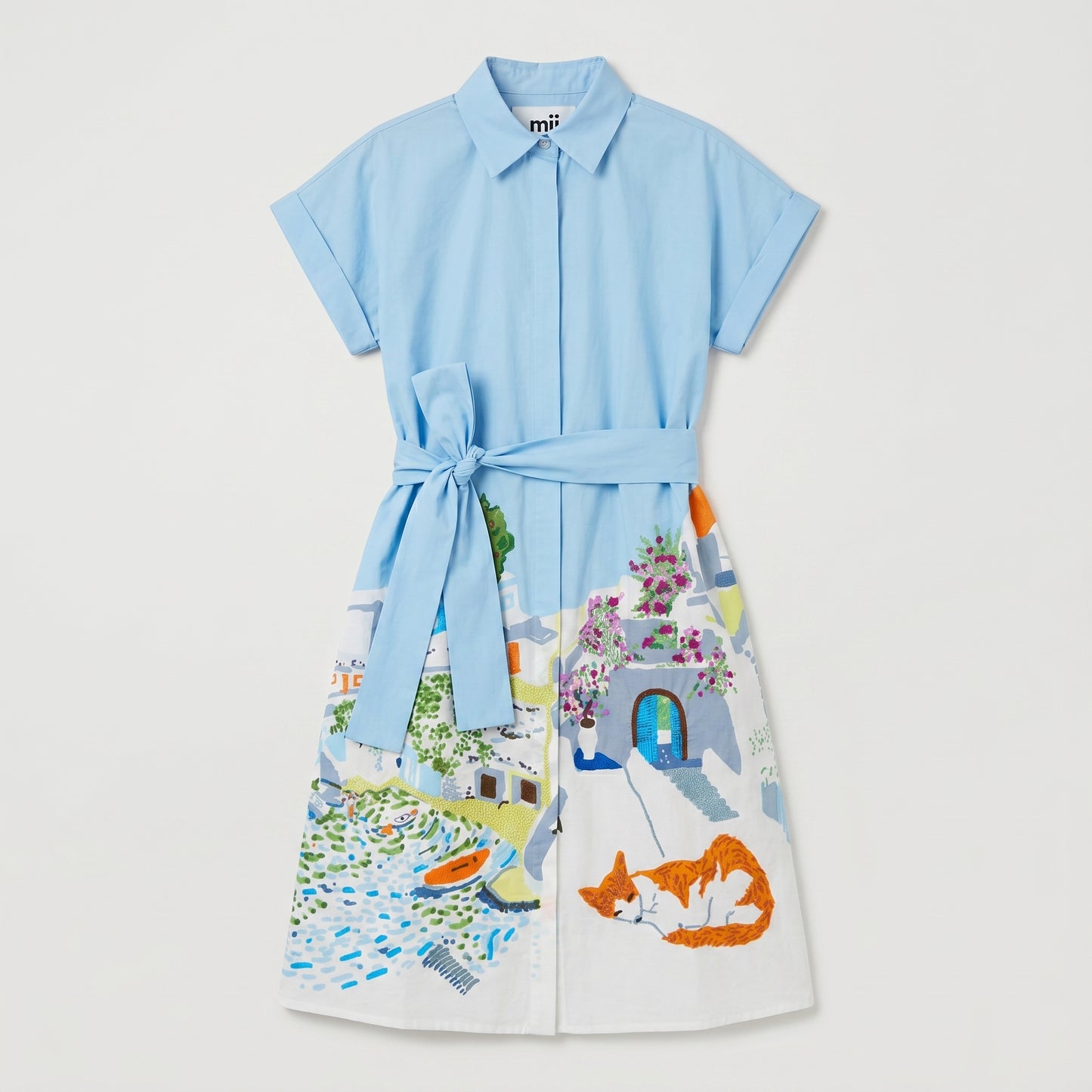 Illustrated Cotton Belted Shirtdress