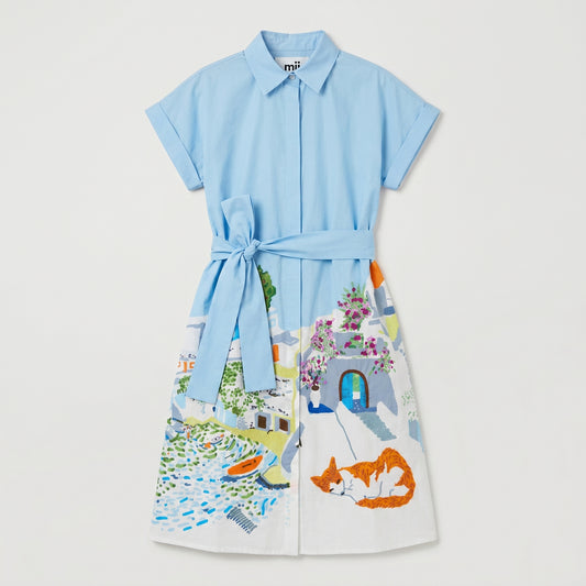 Illustrated Cotton Belted Shirtdress