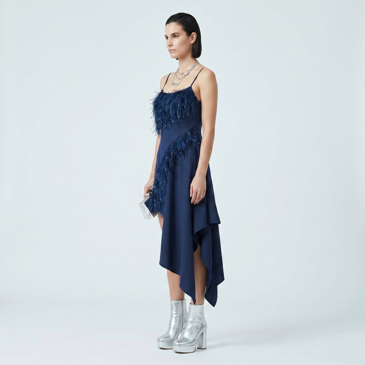 Asymmetrical Fringed Navy Slip Dress