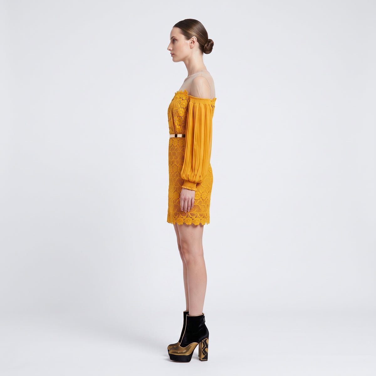 Mustard Floral Lace Mini Dress