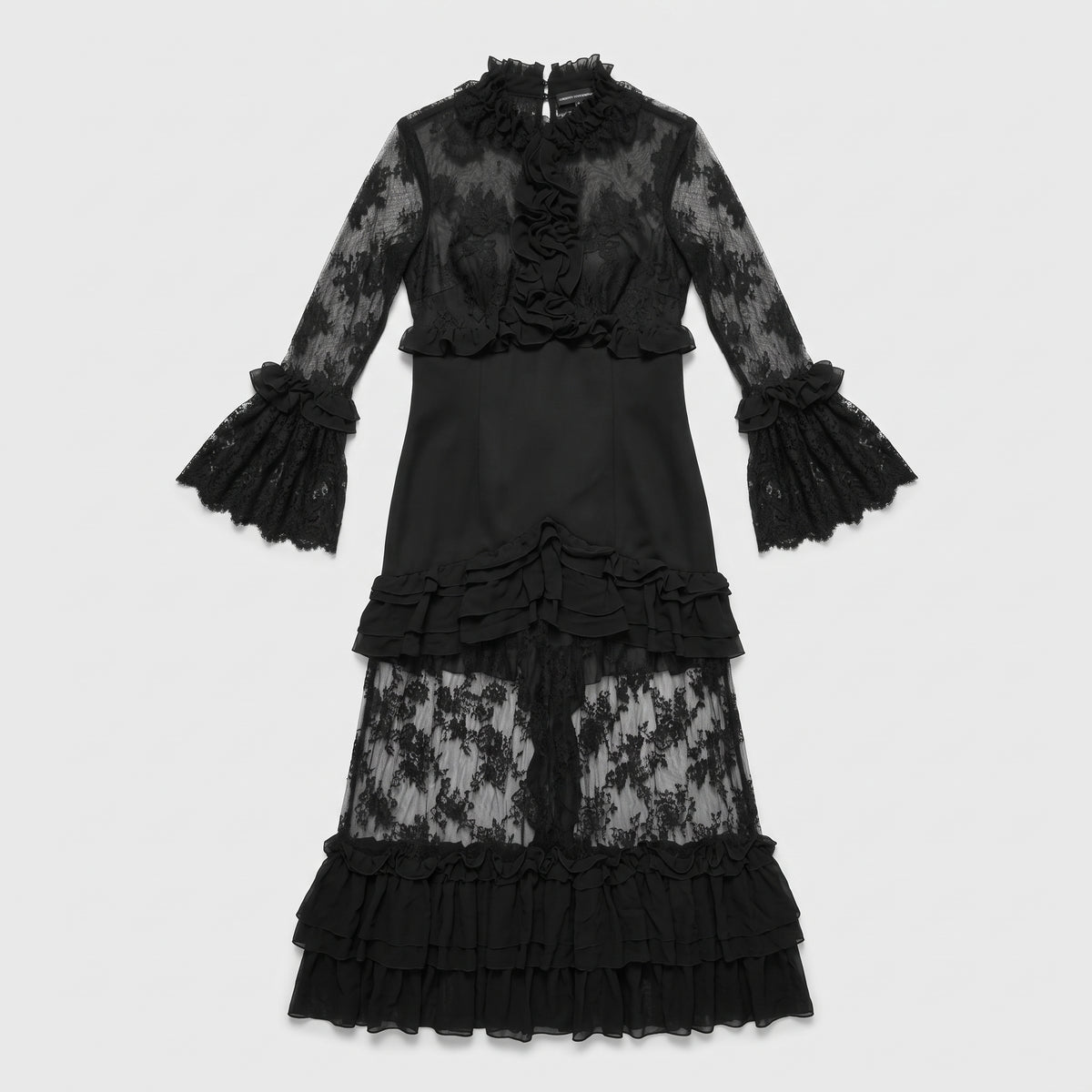 Black Ruffled Lace Midi Dress